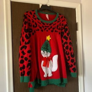 Holiday Time Kitty Cat Red Knit Sweater with Green Trim 3X